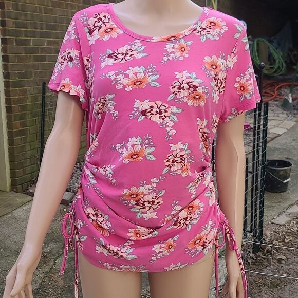 Pink Pull Tie Runched Sided Short Sleeves Floral Dress - Picture 6 of 9